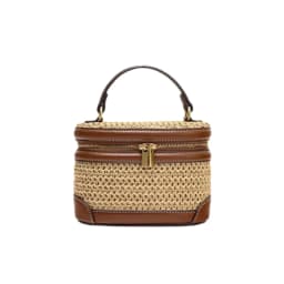 2026 Spring/Summer Woven Straw Bag for Women, Raffia Beach Vacation Handbag, Vintage Straw Box-Shaped Cosmetic Bag, Brown Faux Leather Trimmed Bag, Embellished with Stitching Details, Metal Double Zipper Closure, Suita