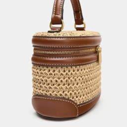 2026 Spring/Summer Woven Straw Bag for Women, Raffia Beach Vacation Handbag, Vintage Straw Box-Shaped Cosmetic Bag, Brown Faux Leather Trimmed Bag, Embellished with Stitching Details, Metal Double Zipper Closure, Suita