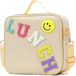 Smiley face embroidered insulated lunch bag, crossbody and hand-carry dual-use student lunch storage bag, large capacity waterpr