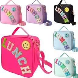 Smiley face embroidered insulated lunch bag, crossbody and hand-carry dual-use student lunch storage bag, large capacity waterpr
