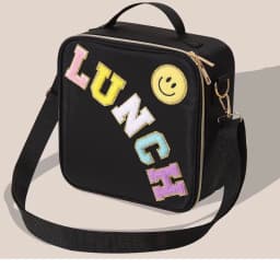 Smiley face embroidered insulated lunch bag, crossbody and hand-carry dual-use student lunch storage bag, large capacity waterpr