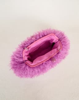 Women Kisslock Faux Fur Furry Clutch Bag Winter Warm Pouch Frame Clasp Bag with Chain Crossbody Dark Grey Red Yellow