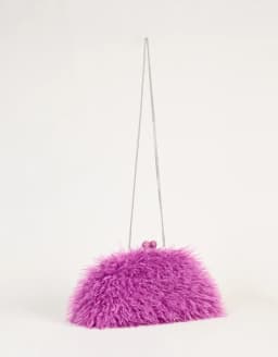 Women Kisslock Faux Fur Furry Clutch Bag Winter Warm Pouch Frame Clasp Bag with Chain Crossbody Dark Grey Red Yellow