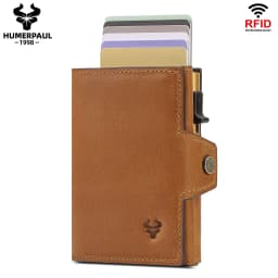 HUMERPAUL Men Card Holder with Money Pocket Crazy Horse Leather Pop Up Minimalist Wallet RFID Blocking Slim Metal Bank Card Case