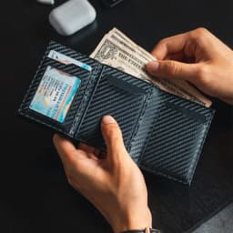 Carbon Fiber & Aluminum Men's Bifold Wallet, RFID Blocking Automatic Pop-Up Card Holder with Coin Compartments, Slim Money Purse
