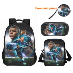 3pcs Set M-Mbappes School Bag Football Sports Backpack with Shoulder Bags Pencil Bags Star Player School Rucksack for Best Gift