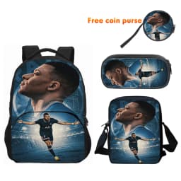 3pcs Set M-Mbappes School Bag Football Sports Backpack with Shoulder Bags Pencil Bags Star Player School Rucksack for Best Gift