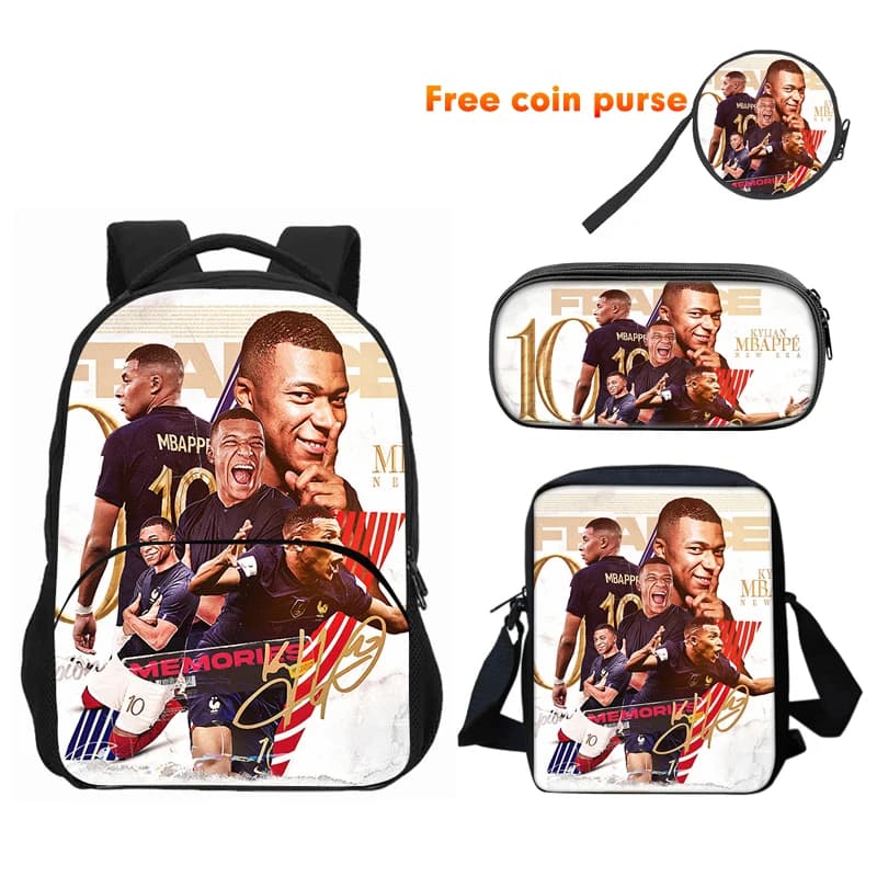 3pcs Set M-Mbappes School Bag Football Sports Backpack with Shoulder Bags Pencil Bags Star Player School Rucksack for Best Gift