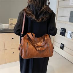 Women's Vintage Sturdy Wear-Resistant Tote Bag Large Capacity Multi-Pocket Leather Shoulder Crossbody Handbag for Daily Commute