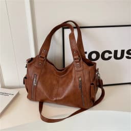 Women's Vintage Sturdy Wear-Resistant Tote Bag Large Capacity Multi-Pocket Leather Shoulder Crossbody Handbag for Daily Commute