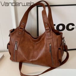 Women's Vintage Sturdy Wear-Resistant Tote Bag Large Capacity Multi-Pocket Leather Shoulder Crossbody Handbag for Daily Commute