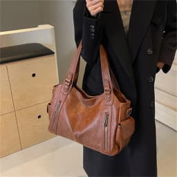Women's Vintage Sturdy Wear-Resistant Tote Bag Large Capacity Multi-Pocket Leather Shoulder Crossbody Handbag for Daily Commute
