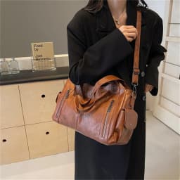 Women's Vintage Sturdy Wear-Resistant Tote Bag Large Capacity Multi-Pocket Leather Shoulder Crossbody Handbag for Daily Commute