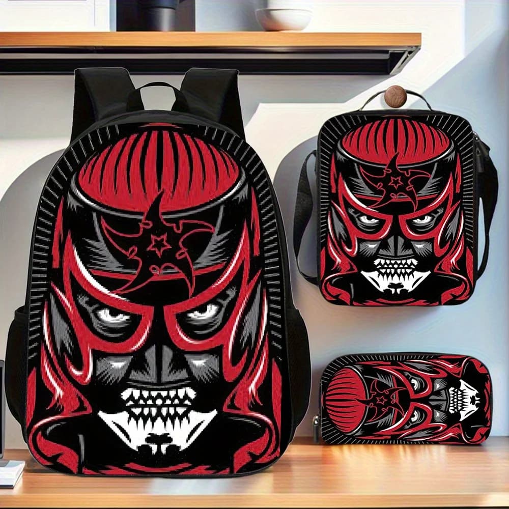 Lucha Libre Wrestler 3pcs Backpack Collection, Featuring a Spacious Casual Double-Shoulder Backpack, a Pencil Case, And a Messen