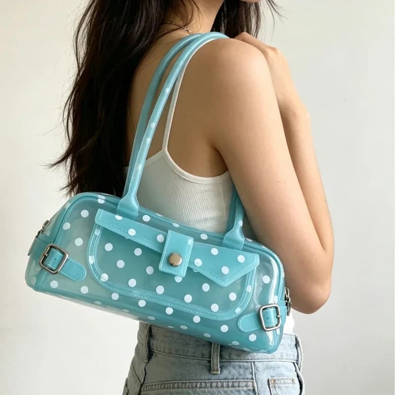 Sweet Polka Dot Transparent Pvc Jelly Tube Handbag Candy Colored Mini Top Handle Shoulder Bag Summer Seaside Vacation Tote Bag