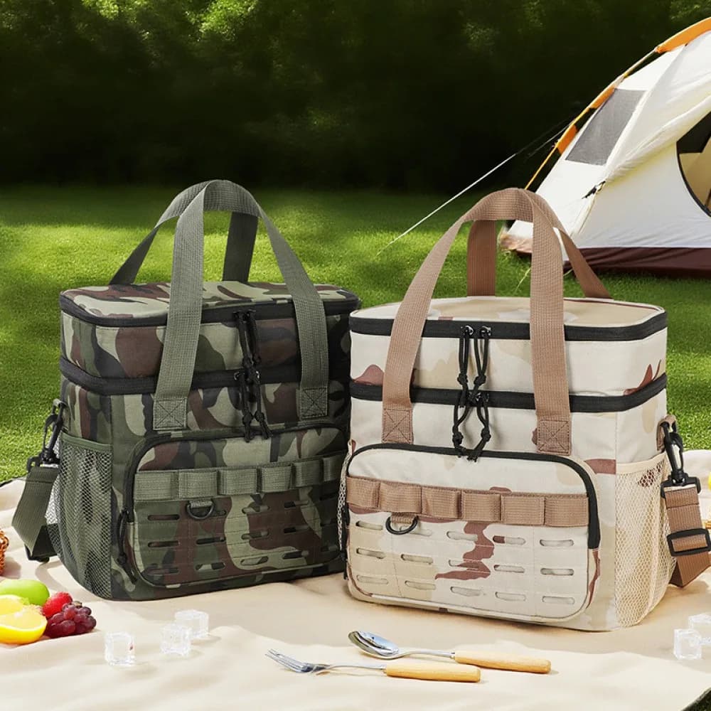Camouflage outdoor double-layer picnic bag, portable insulated bag, large-capacity camping lunch bag, outdoor ice bag, lunch box
