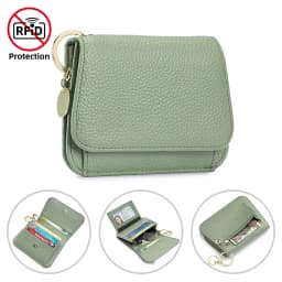 Women Genuine Leather Slim TriFold Wallet Credit Card Holder With Zipper Coin Pouch, ID Window & Keychain