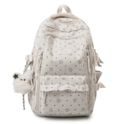 Women's Gray Corduroy Backpack Star Pattern Lace Plush Bear Charm Multi Pocket Adjustable Strap Casual Daily School Bag 2026