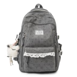 Women's Gray Corduroy Backpack Star Pattern Lace Plush Bear Charm Multi Pocket Adjustable Strap Casual Daily School Bag 2026