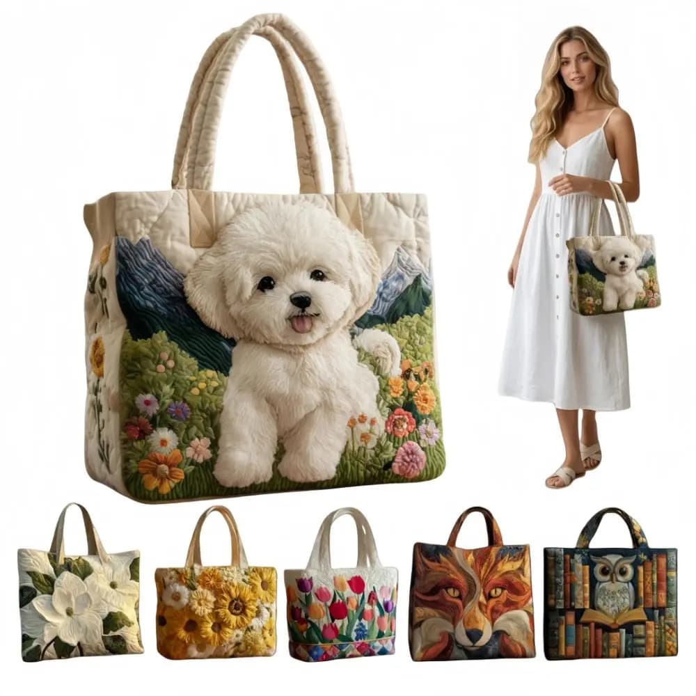 Vintage Women Quilted Tote Bag 2D Realistic Patterns Lightweight Travel Handbag Large Capacity Cotton Shopping Bag Lady Girl