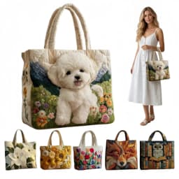 Vintage Women Quilted Tote Bag 2D Realistic Patterns Lightweight Travel Handbag Large Capacity Cotton Shopping Bag Lady Girl