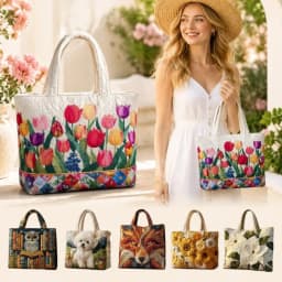 Vintage Women Quilted Tote Bag 2D Realistic Patterns Lightweight Travel Handbag Large Capacity Cotton Shopping Bag Lady Girl