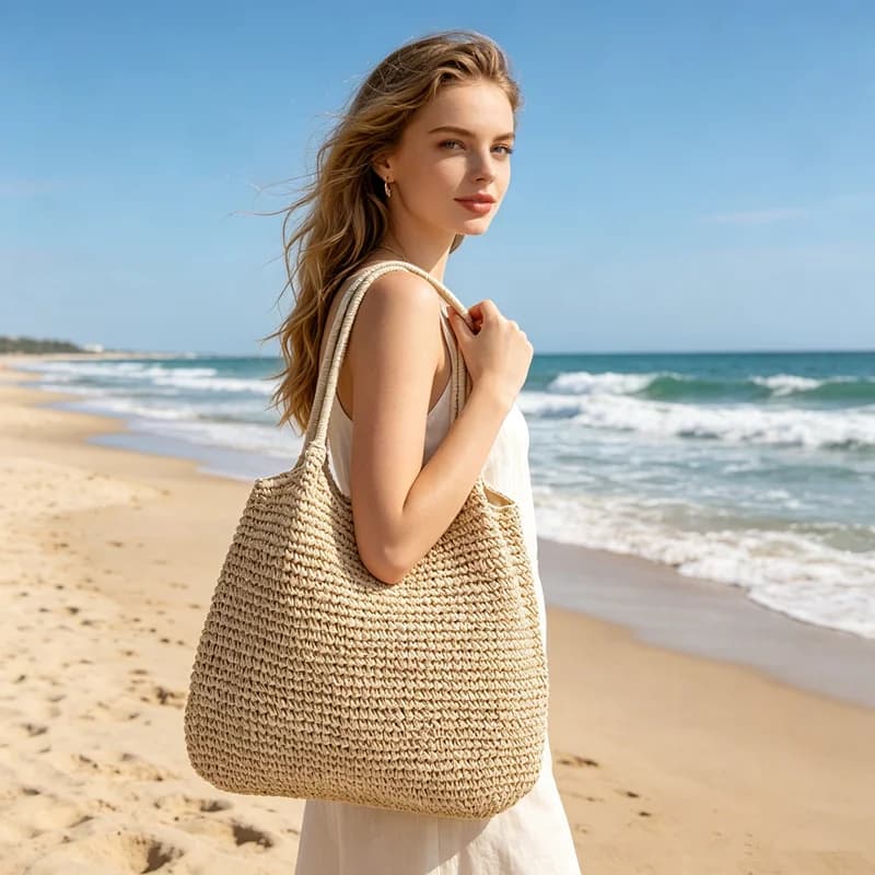 Women Shoulder Bag, Fashion Large Capacity Straw Tote Bag, Casual Solid Easy Handbag Purse for Vacation Outdoor Travel Camping