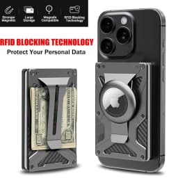 Magnetic Phone Wallet Compatible with Apple MagSafe-Metal Card Holder with AirTag Holder, RFID Blocking & Money Clip Mag Safe Wa