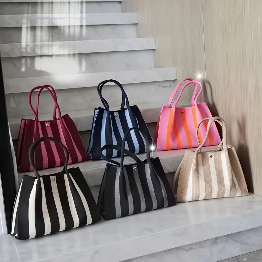 New Color-Blocking Knitted Stripe Design Tote Bag, Large Capacity Handbag for Women's Commute