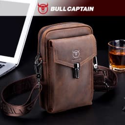 BULLCAPTAIN Crazy Horse Skin Men's Wearing Belt Phone Waist Bag Top Layer Cowhide Single Shoulder Crossbody Phone Bag