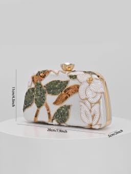 Elegant Shiny Multi-Color Leaf & Floral Patchwork Crossbody Clutch Bag, Vintage Chain Strap Evening Bag, Mini Square Box Handbag