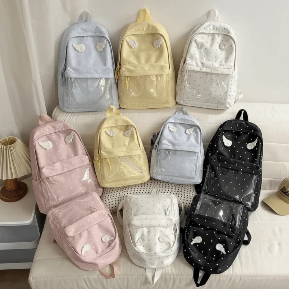 2 Sizes Polka Dot Backpack Large Capacity Transparent Pocket School Daypack Polka Dot Pattern Transparent Pocket Backpack