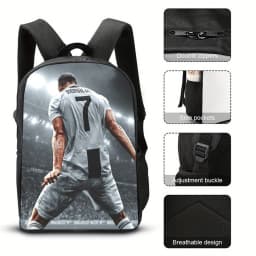 Football Ronaldos Backpack Student 3D Cr7 Printing 16inch School Bags Boy Man Outdoor Sports Rucksack Large Travel Knapsack Gift