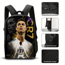 Football Ronaldos Backpack Student 3D Cr7 Printing 16inch School Bags Boy Man Outdoor Sports Rucksack Large Travel Knapsack Gift