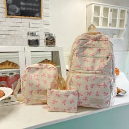 Korean Fashion Bow Print Women Fashion Backpack Lightweight Simple Student Schoolbag Female Bag Three-Piece Set