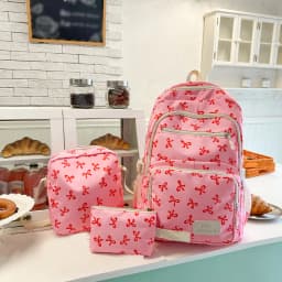 Korean Fashion Bow Print Women Fashion Backpack Lightweight Simple Student Schoolbag Female Bag Three-Piece Set