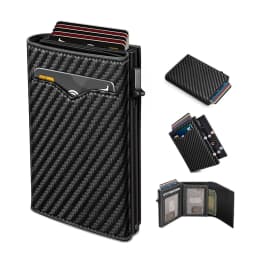 Carbon Fiber Microfiber Leather Pop Up Wallet For Men, RFID Blocking Credit Card Holder With Clear ID Window Cash Pocket
