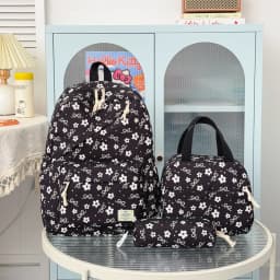 High Aesthetic Bow Flower Print Three Piece Backpack Set Nylon Lightweight Large Capacity Girls Backpack Campus Student Backpack