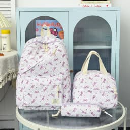 High Aesthetic Bow Flower Print Three Piece Backpack Set Nylon Lightweight Large Capacity Girls Backpack Campus Student Backpack