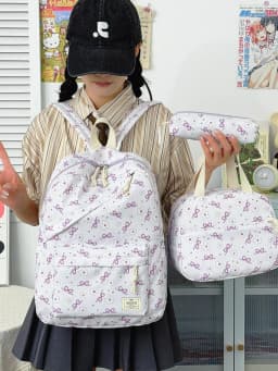 High Aesthetic Bow Flower Print Three Piece Backpack Set Nylon Lightweight Large Capacity Girls Backpack Campus Student Backpack