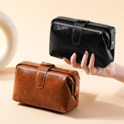 Genuine Leather Makeup Bag Vintage Cosmetic Bag for Women Girl Button Coin Purse Large Capacity Makeup Case Waterproof
