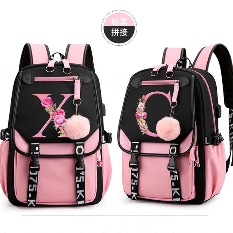 Teenage Black Pink Backpacks 26 Initials Flower A-Z Alphabet Large Capacity Harajuku Fashion Zipper Aesthetic Students Bookbag