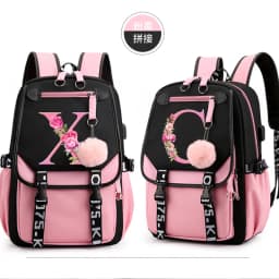 Teenage Black Pink Backpacks 26 Initials Flower A-Z Alphabet Large Capacity Harajuku Fashion Zipper Aesthetic Students Bookbag