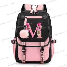 Teenage Black Pink Backpacks 26 Initials Flower A-Z Alphabet Large Capacity Harajuku Fashion Zipper Aesthetic Students Bookbag