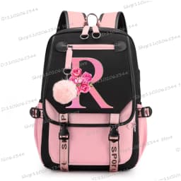 Teenage Black Pink Backpacks 26 Initials Flower A-Z Alphabet Large Capacity Harajuku Fashion Zipper Aesthetic Students Bookbag