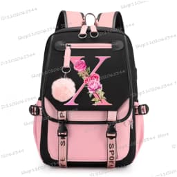 Teenage Black Pink Backpacks 26 Initials Flower A-Z Alphabet Large Capacity Harajuku Fashion Zipper Aesthetic Students Bookbag