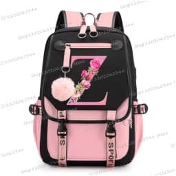 Teenage Black Pink Backpacks 26 Initials Flower A-Z Alphabet Large Capacity Harajuku Fashion Zipper Aesthetic Students Bookbag