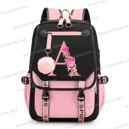 Teenage Black Pink Backpacks 26 Initials Flower A-Z Alphabet Large Capacity Harajuku Fashion Zipper Aesthetic Students Bookbag