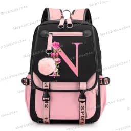 Teenage Black Pink Backpacks 26 Initials Flower A-Z Alphabet Large Capacity Harajuku Fashion Zipper Aesthetic Students Bookbag