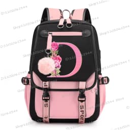 Teenage Black Pink Backpacks 26 Initials Flower A-Z Alphabet Large Capacity Harajuku Fashion Zipper Aesthetic Students Bookbag